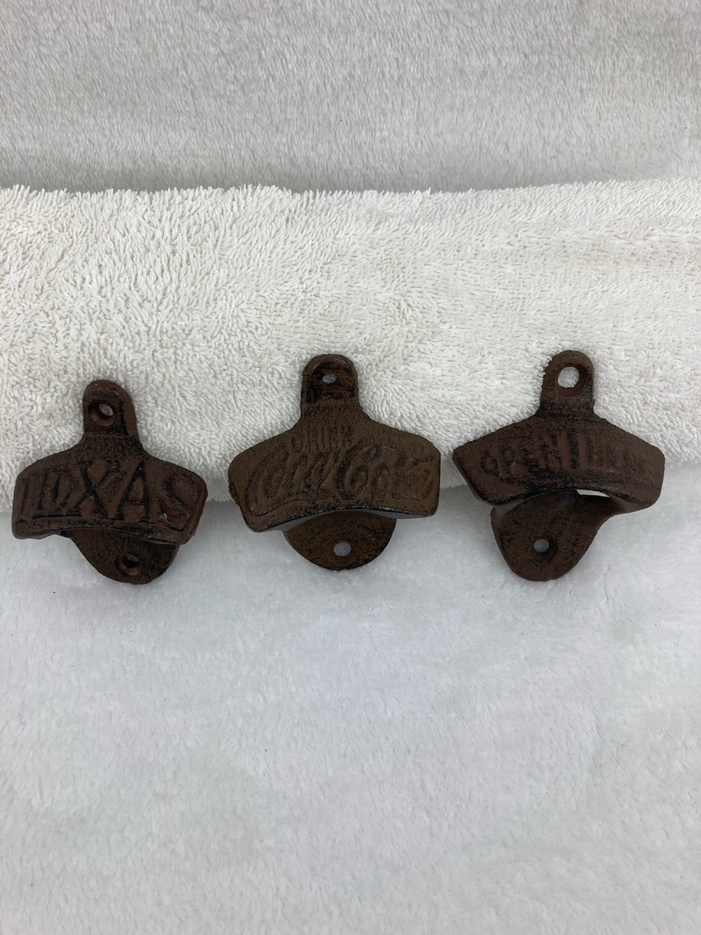 Wrought Iron Old School Bottle Openers Set of 3, Coca-Cola-Open Here-Texas 3”